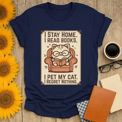 Poster Cat Reader T-Shirt featuring a cozy illustration of a cat in glasses reading in a chair, perfect for book lovers.