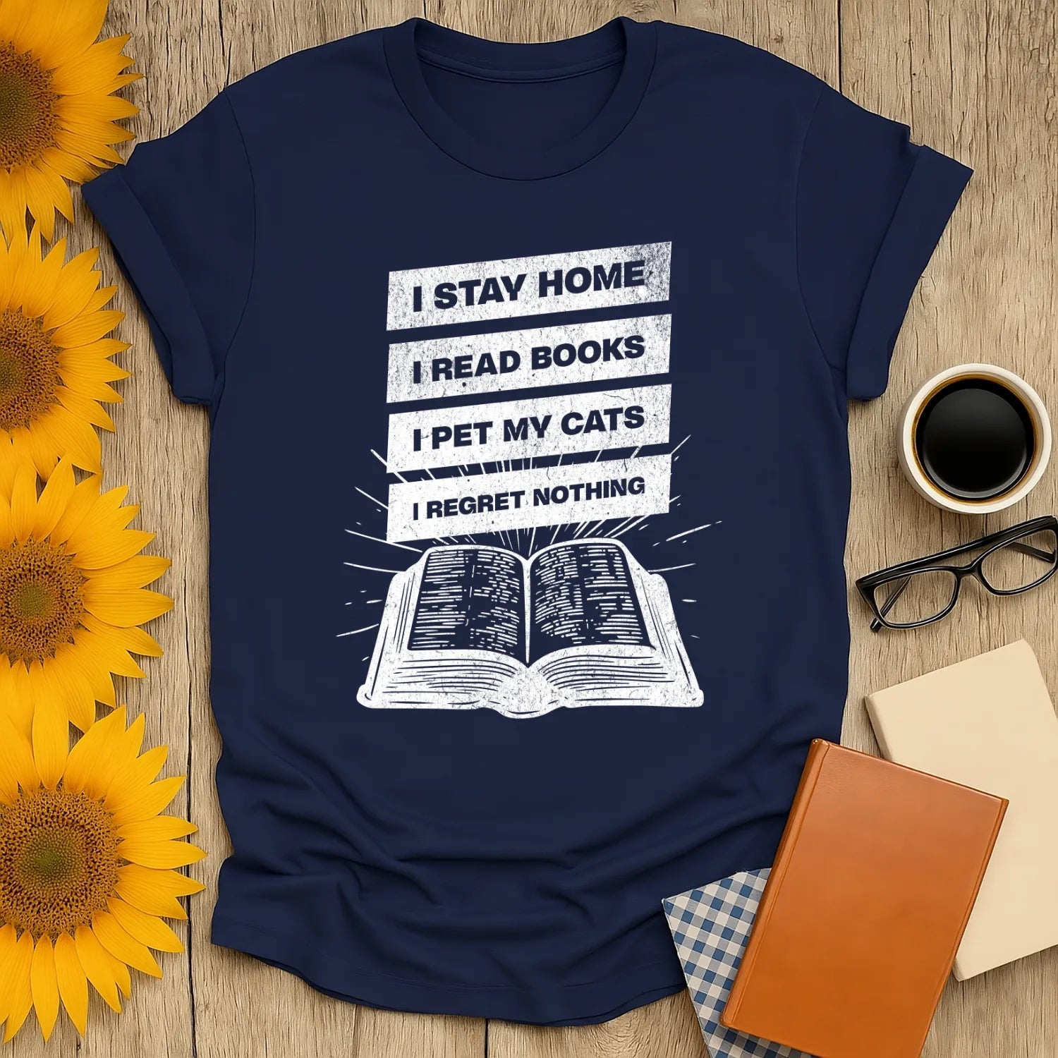 Stay Home Reader T-Shirt featuring a fun book graphic and witty text for cozy book lovers and cat fans.