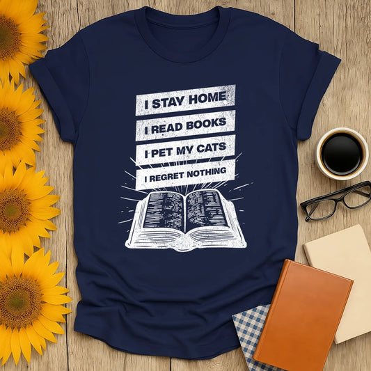 Stay Home Reader T-Shirt featuring a fun book graphic and witty text for cozy book lovers and cat fans.