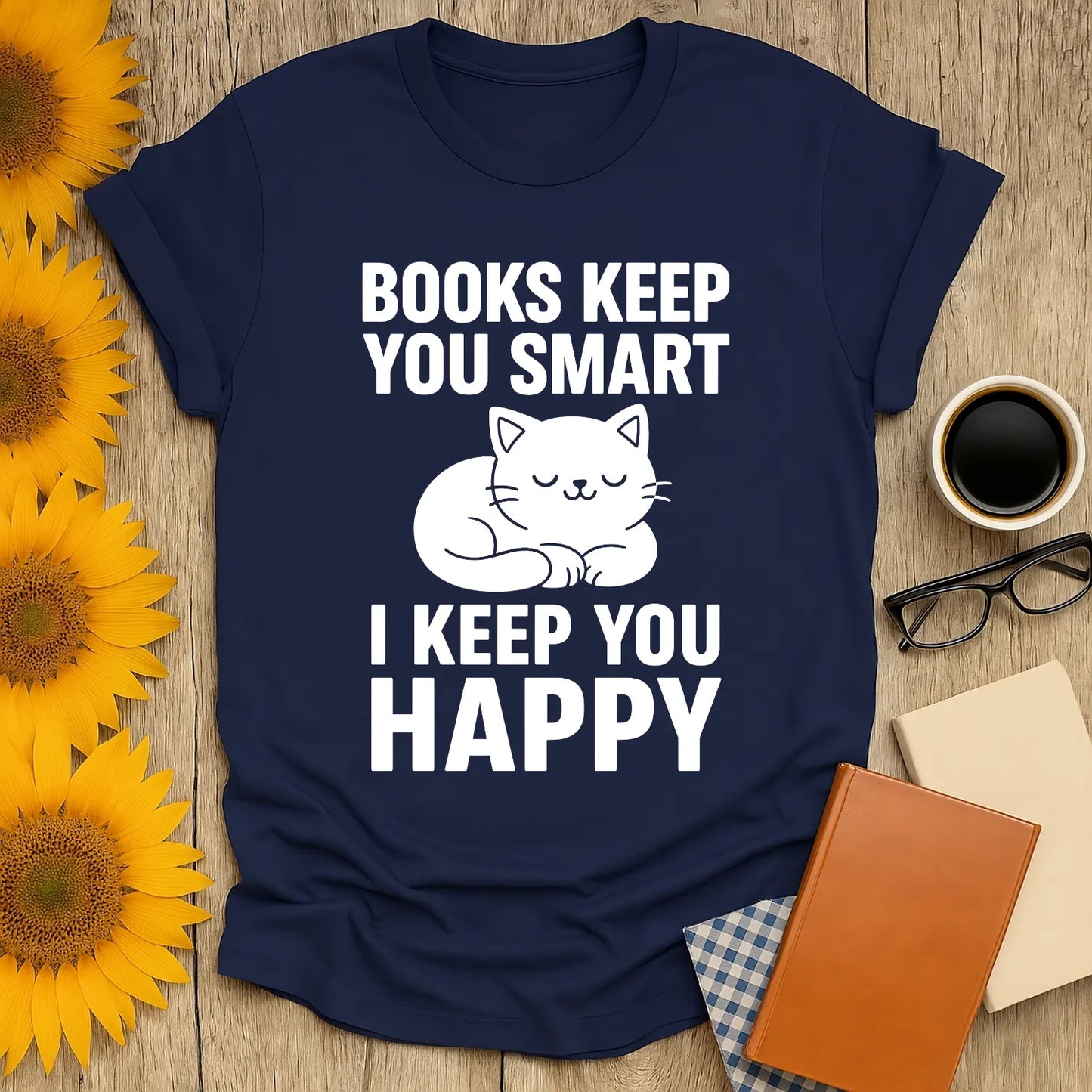 Cozy navy t-shirt with cat illustration and text saying 'Books Keep You Smart, I Keep You Happy' for book lovers.