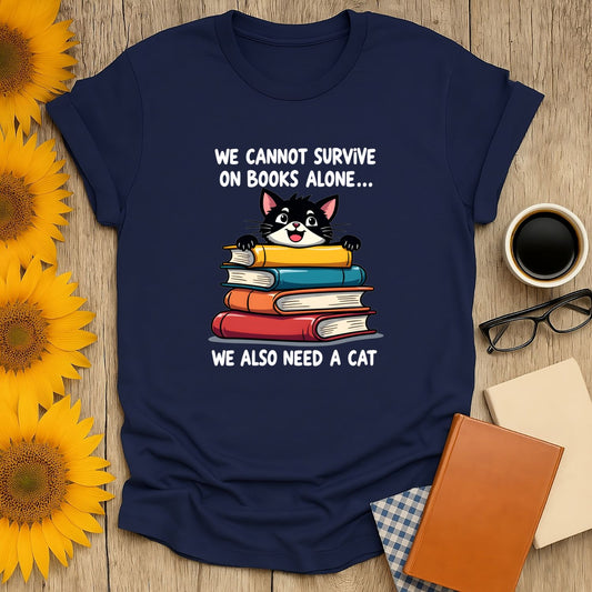 Kitty Bookworm T-Shirt for book lovers, featuring a cat with books and a humorous quote.