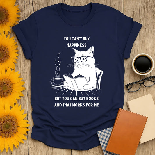Bookish Happiness T-Shirt featuring a cat reading with glasses, perfect for book lovers. Unisex, soft cotton fabric.