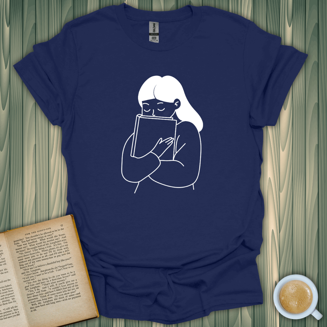 Navy Me And My Bestie T-Shirt featuring a book-loving character hugging a book, perfect for book lovers.