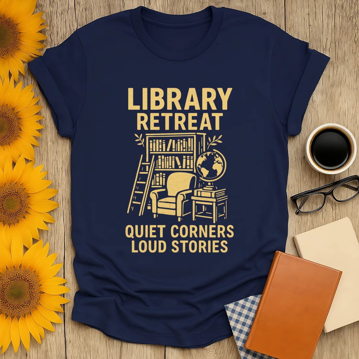 Cozy Library Retreat tee with a reading nook and globe, perfect for book lovers and a great gift for tea and cat enthusiasts.