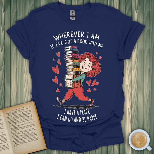 Whimsical Bookish Escape T-Shirt for book lovers, featuring a joyful character with stacked books on a navy background.