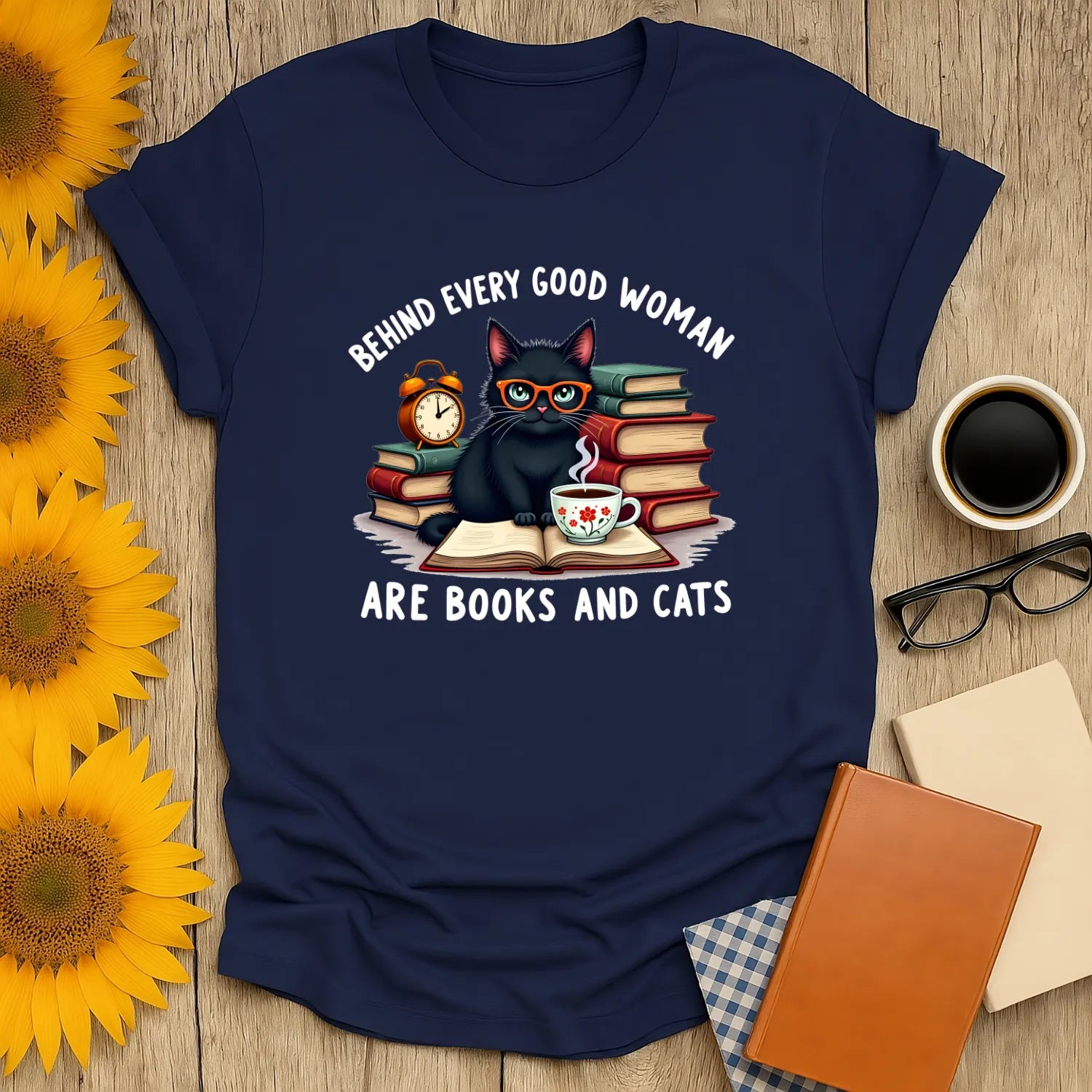 Midnight Bookworm T-Shirt with a black cat, books, and tea, celebrating book lovers and humor for cozy readers.