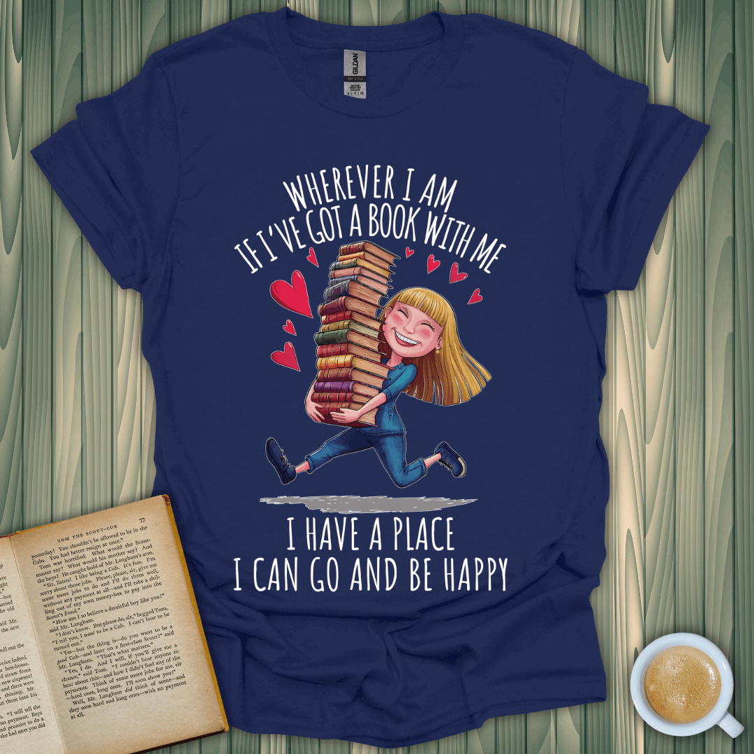 Book lover t-shirt featuring a joyful girl carrying a stack of books, perfect for any bibliophile.