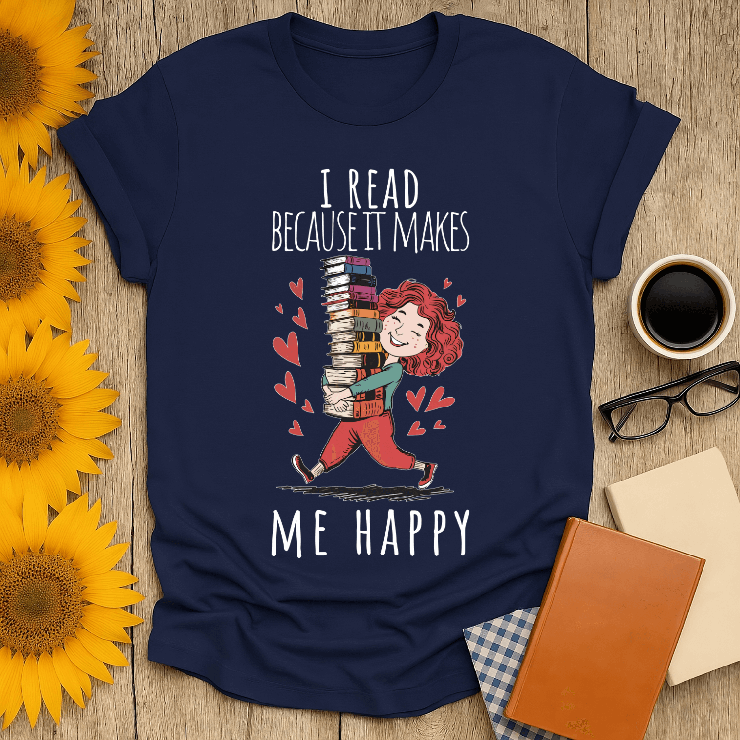 I Read Because It Makes Me Happy Book Lover T-Shirt in navy, with colorful graphic design and cozy setting.