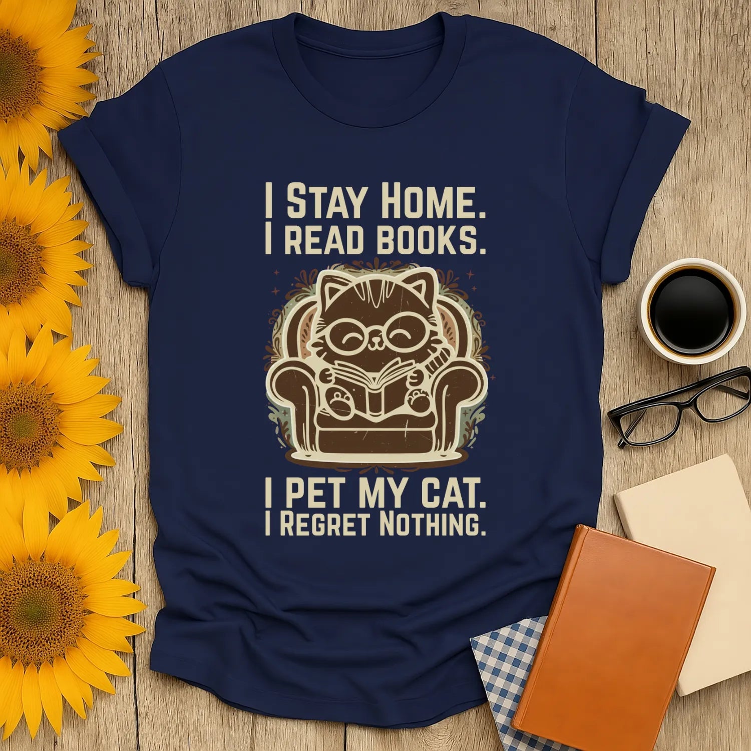 Ornament Cat Reader T-Shirt featuring a cat in glasses reading in an armchair with the text: 'I Stay Home. I Read Books. I Pet My Cat. I Regret Nothing.' Perfect gift for book lovers.