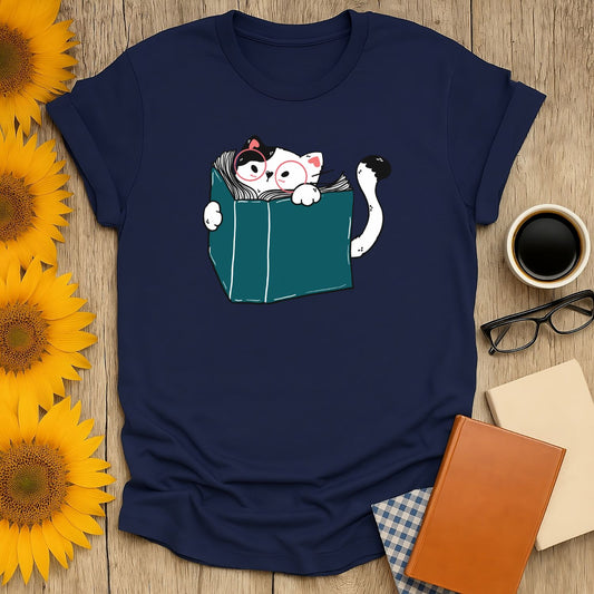 Curious Cat Reader T-Shirt featuring cats in a book, perfect for book lovers, made from soft, breathable cotton.