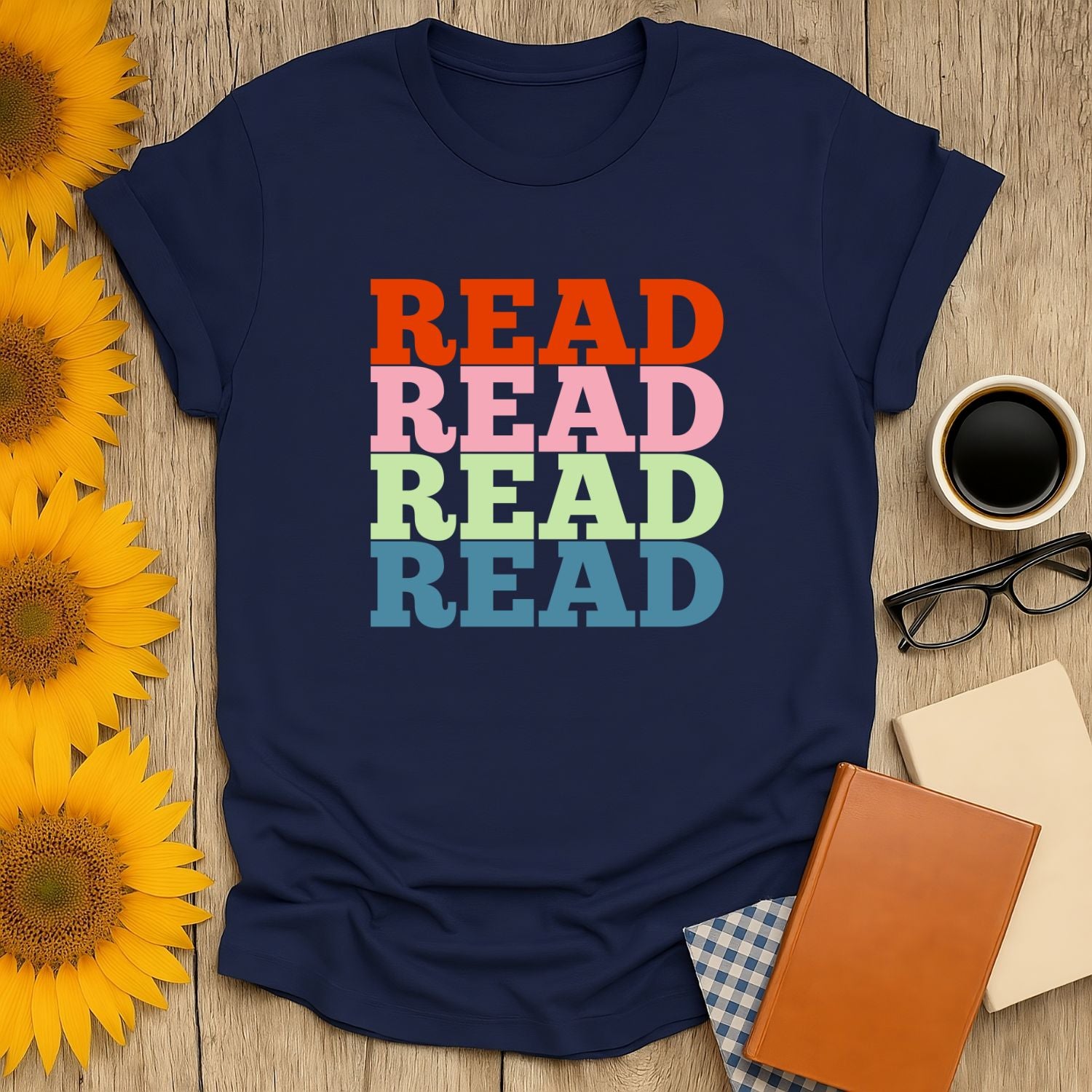 Cozy blue book lover shirt featuring multicolored 'READ' text, perfect for readers who adore cats, coffee, and humor.