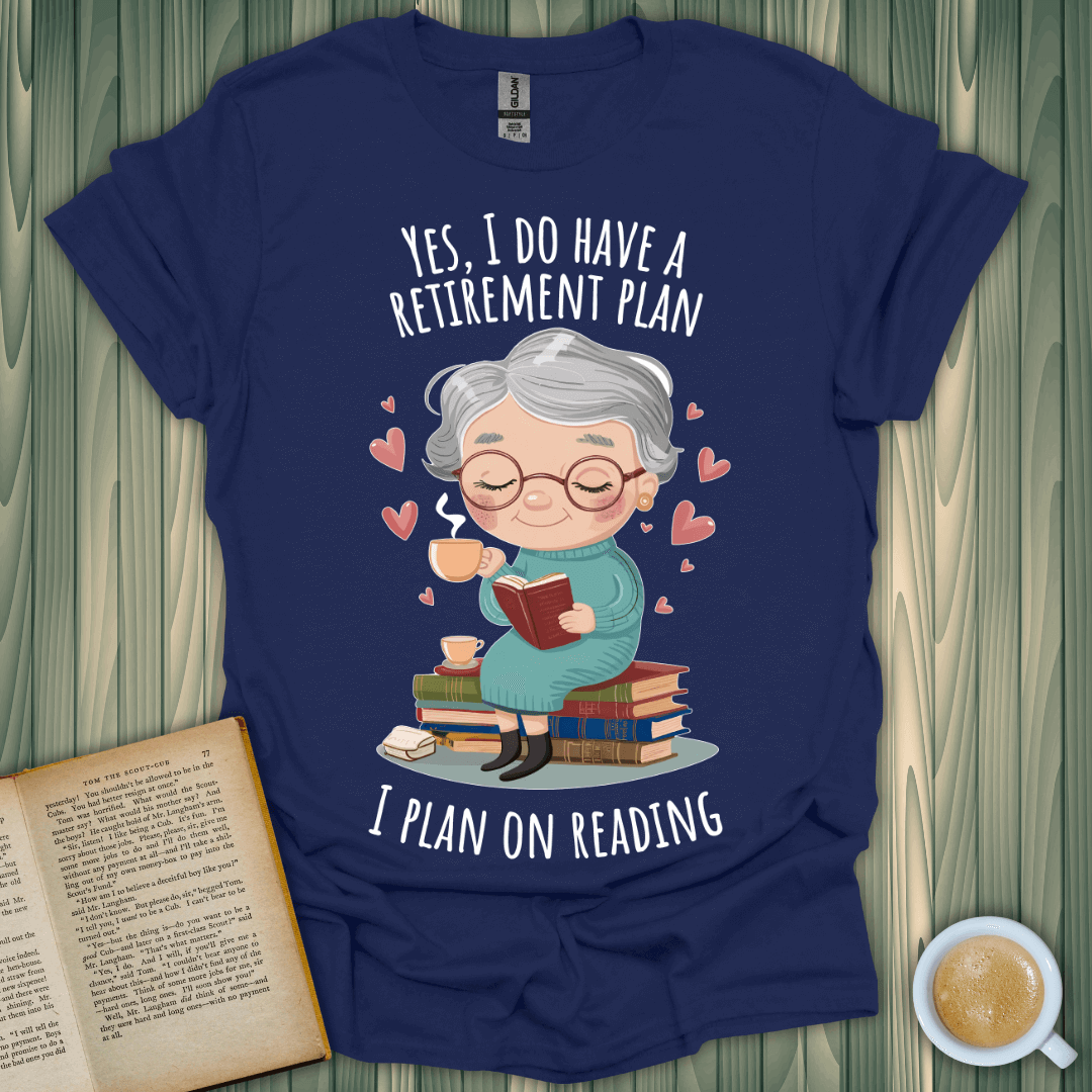 Retirement Reading Plan T-Shirt for book lovers, featuring a joyful older woman reading, perfect for cozy reading days.