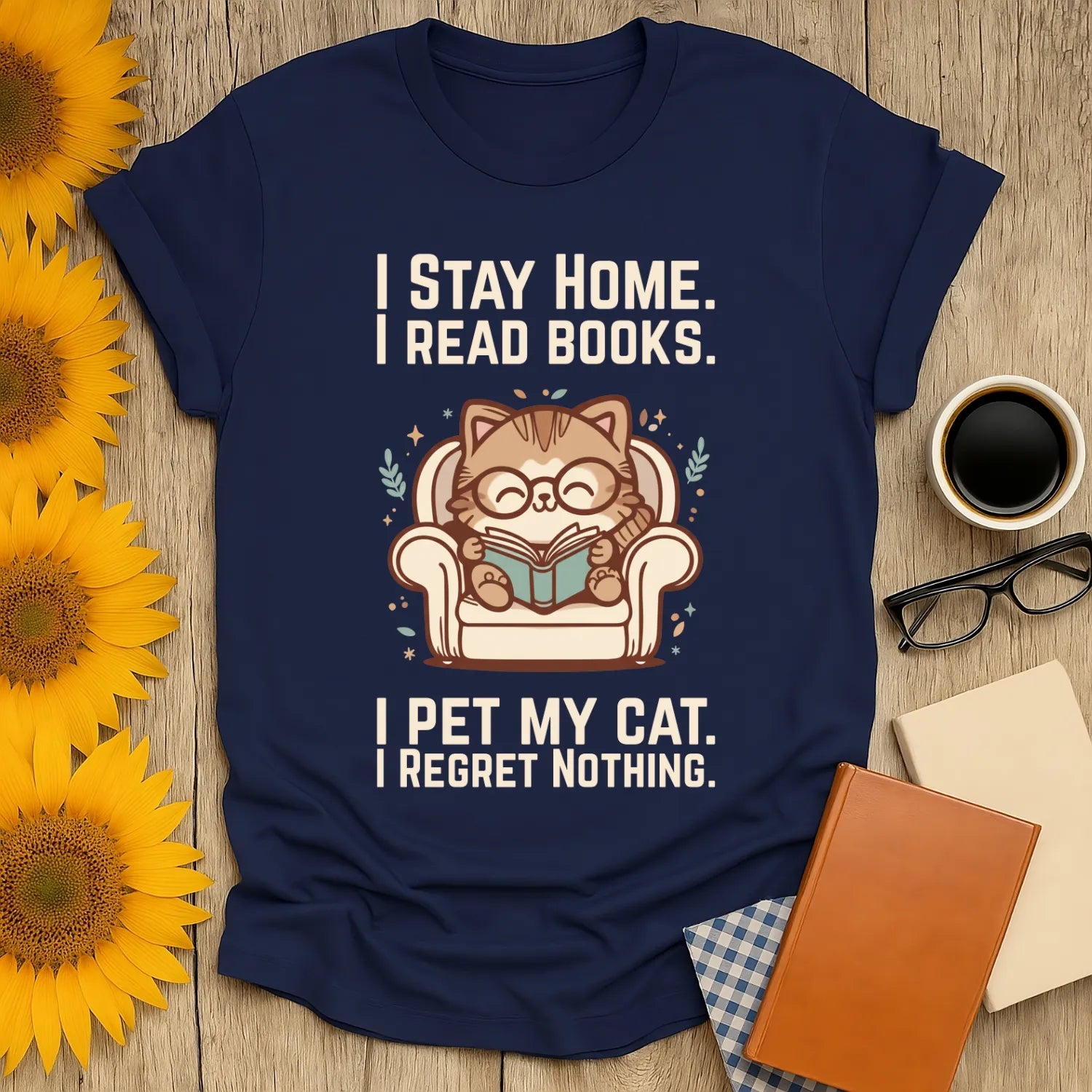 Homebody Cat Reader T-Shirt featuring a cute cat in glasses reading on a couch, with witty bookish humor text. Perfect for book lovers!