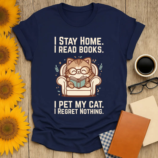 Homebody Cat Reader T-Shirt featuring a cute cat in glasses reading on a couch, with witty bookish humor text. Perfect for book lovers!