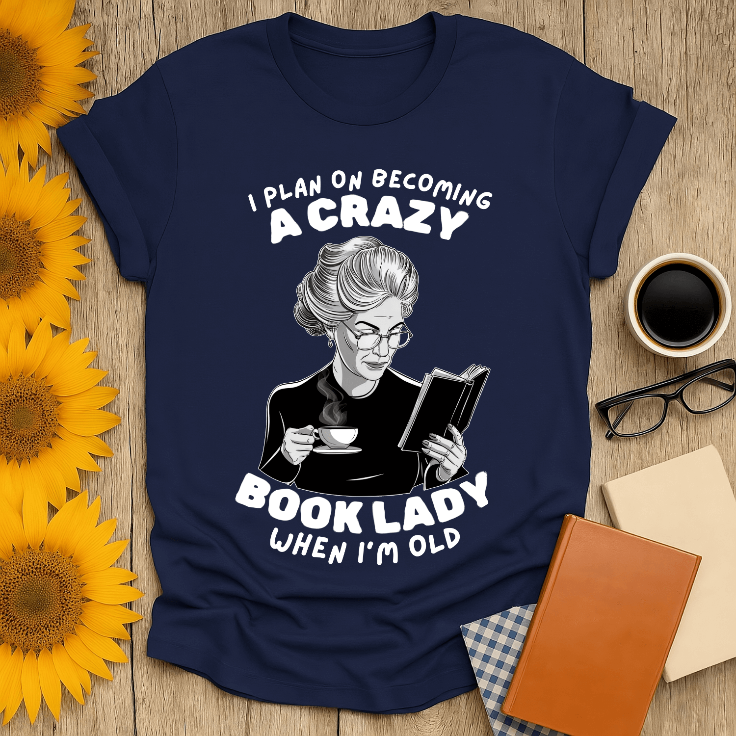 Crazy Book Lady T-Shirt for book lovers, featuring a woman reading with humor and charm, perfect for cozy outfits.