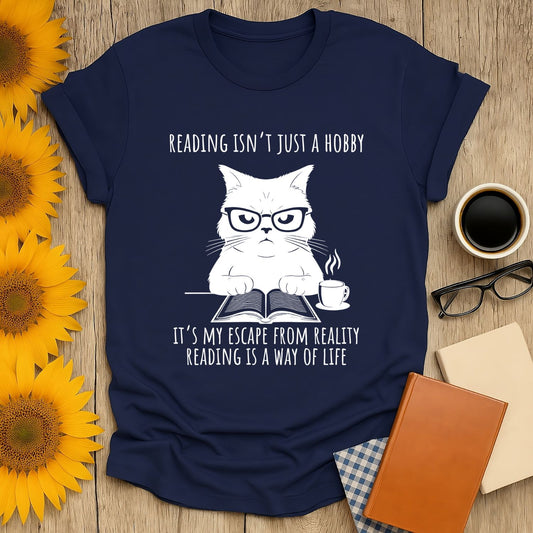 Reading Way of Life T-Shirt featuring a cat in glasses, perfect for book lovers and vibrant style.