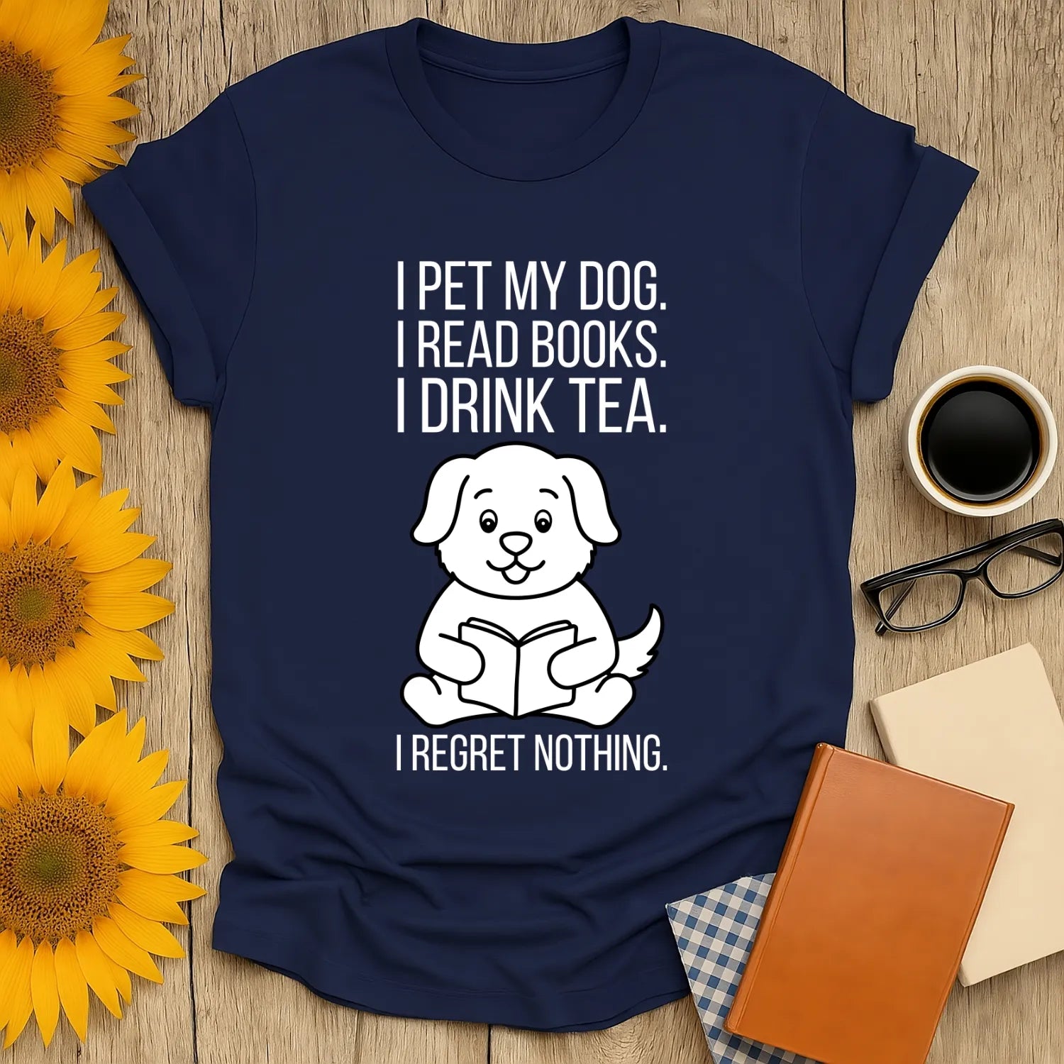 Cozy navy book lover shirt: features a dog reading, with witty text about pets, books, and tea. Perfect gift for cat and coffee enthusiasts!