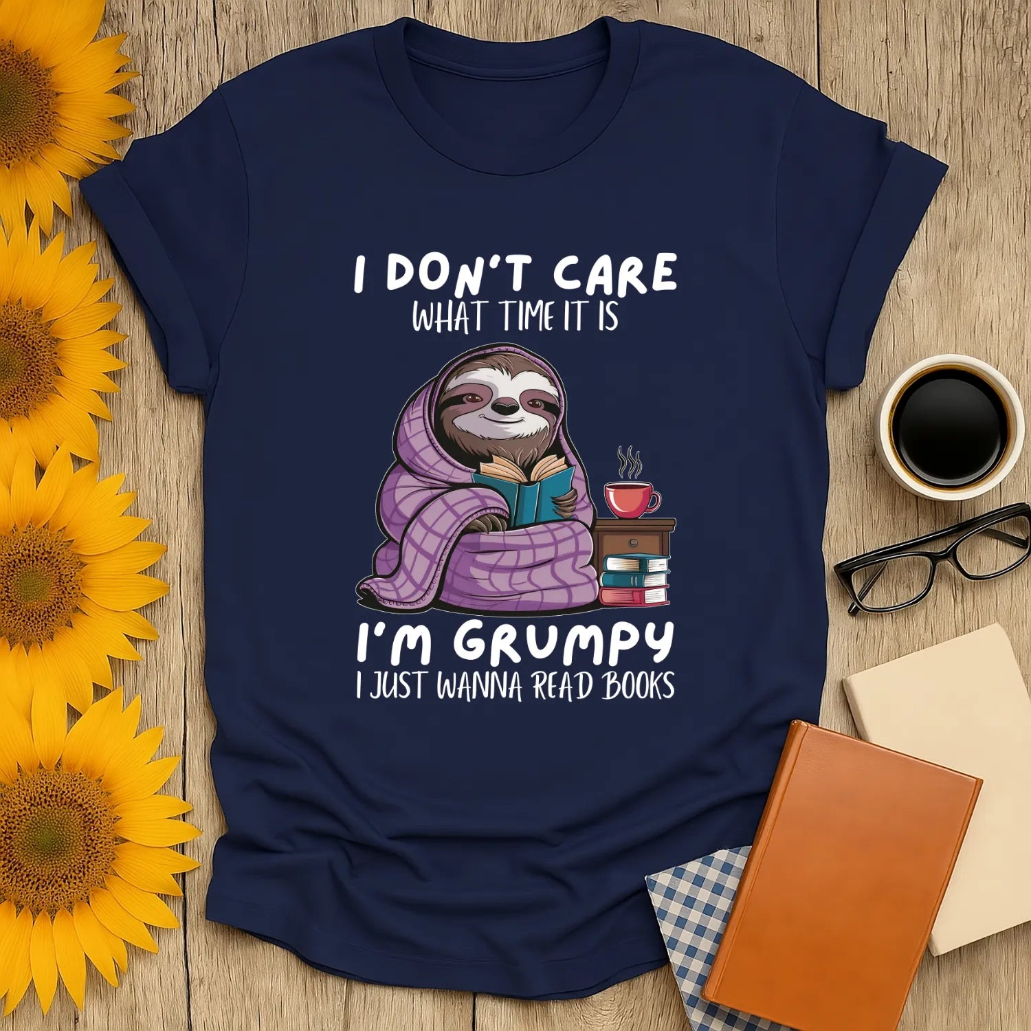 Grumpy Sloth, Book Lover T-Shirt, relaxed fit unisex shirt, cozy reading outfit for book lovers. 📖☕️ Ideal gift for introverts!