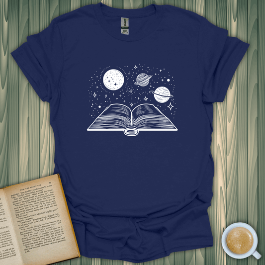 Unisex 'Journey Through Space' T-shirt for book lovers featuring planets and an open book design.