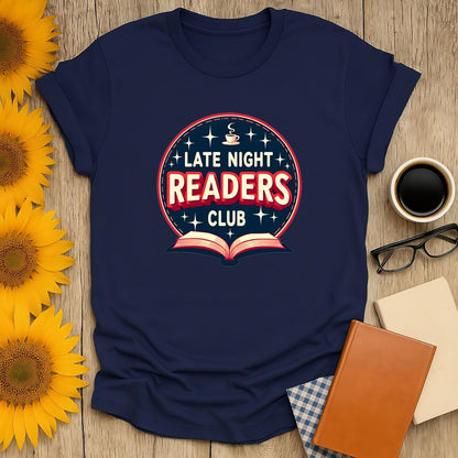 Late Night Readers Club t-shirt featuring a cozy book design with coffee, perfect for book lovers and cat lovers alike.