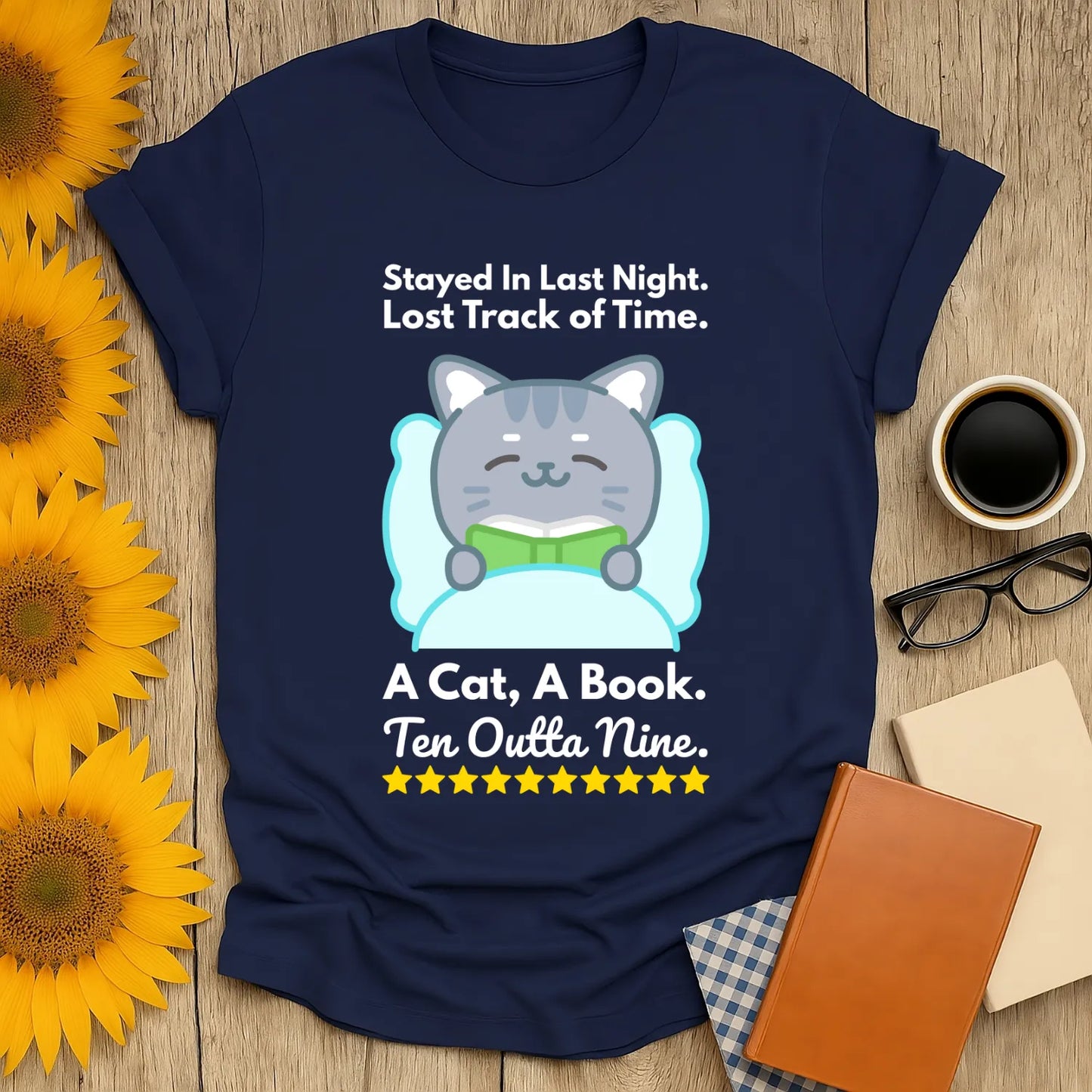 Funny cat reading shirt featuring a cute kitty with a book, perfect gift for book lovers and coffee enthusiasts.