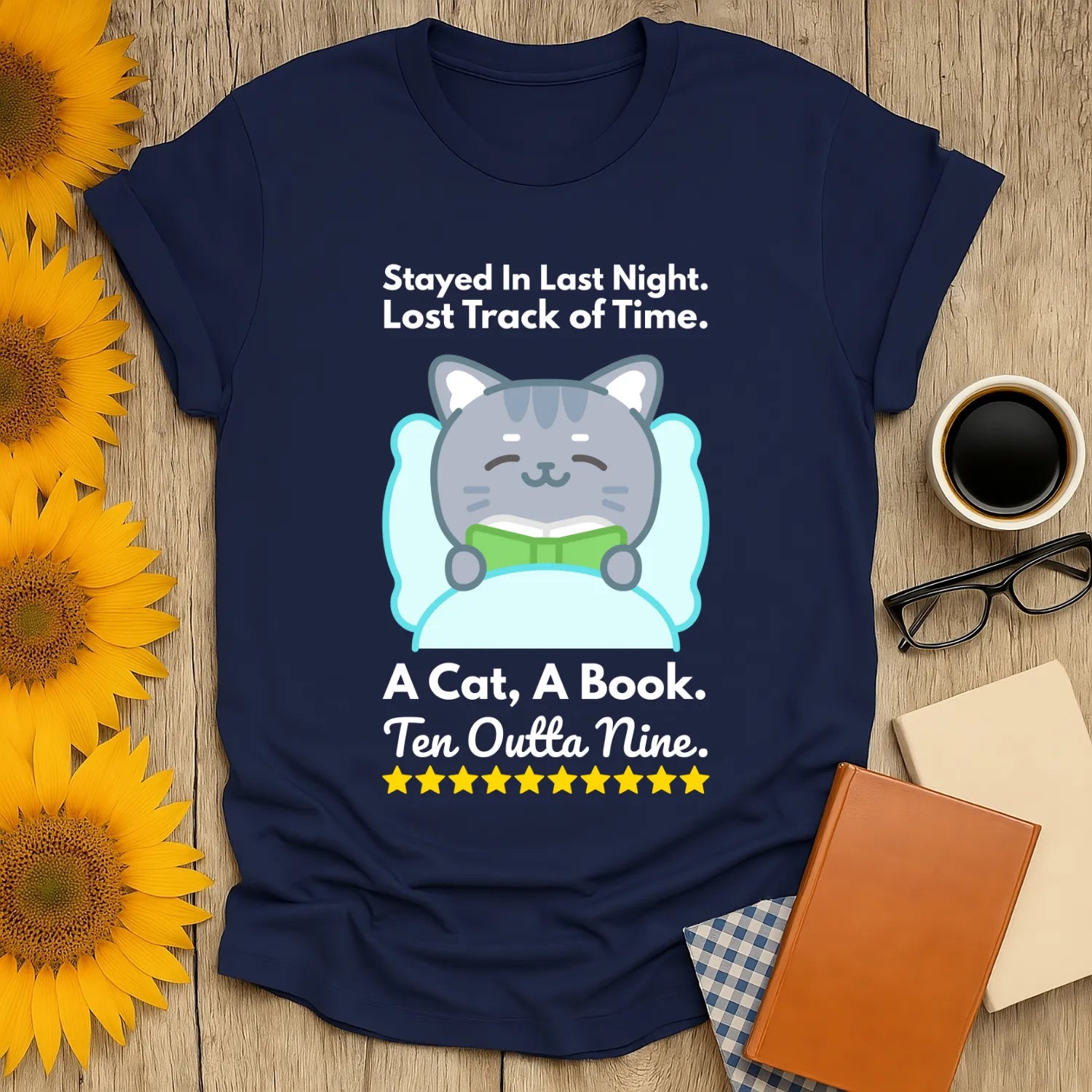 Funny cat reading shirt featuring a cute kitty with a book, perfect gift for book lovers and coffee enthusiasts.