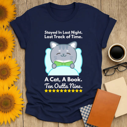Funny cat reading shirt featuring a cute kitty with a book, perfect gift for book lovers and coffee enthusiasts.