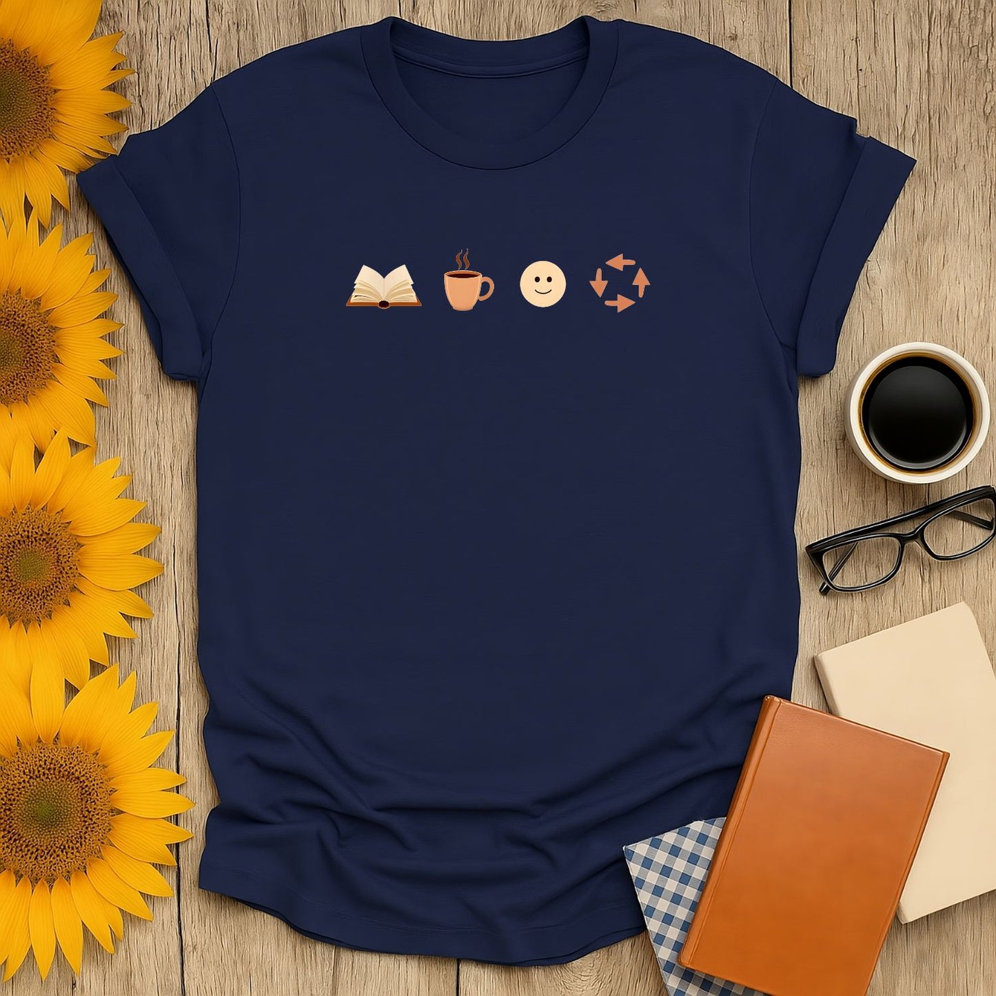 Book lover shirt with icons: a book, coffee cup, smiley face, and refresh symbol—perfect for cozy readers who adore cats and coffee.