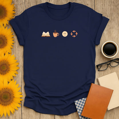 Book lover shirt with icons: a book, coffee cup, smiley face, and refresh symbol—perfect for cozy readers who adore cats and coffee.