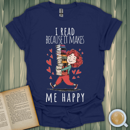 I read because it makes me happy book lover t-shirt featuring a character with stacked books and hearts.