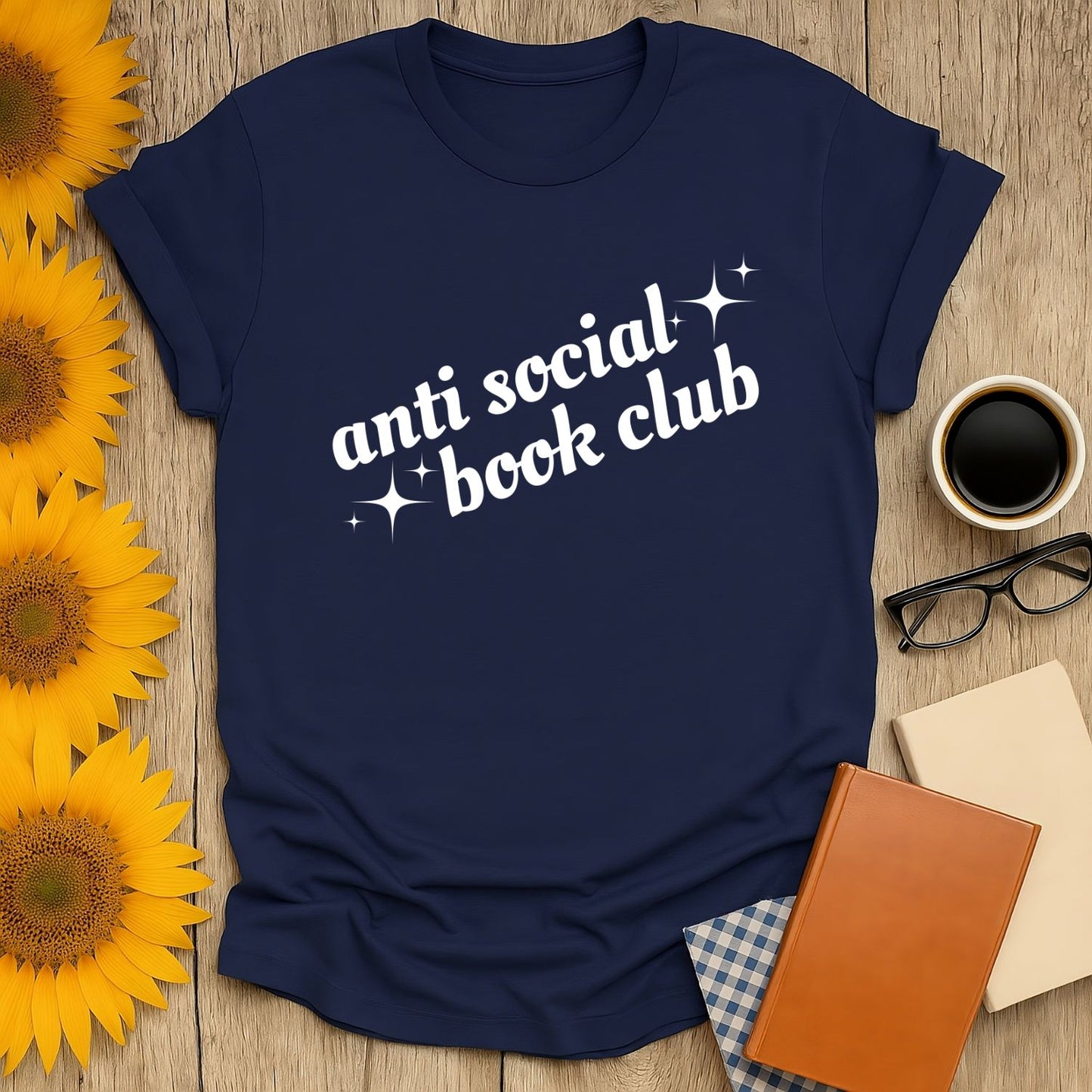 Navy blue 'Anti Social Book Club' t-shirt, ideal for book lovers, with cozy vibes for cats, coffee, and tea fans.