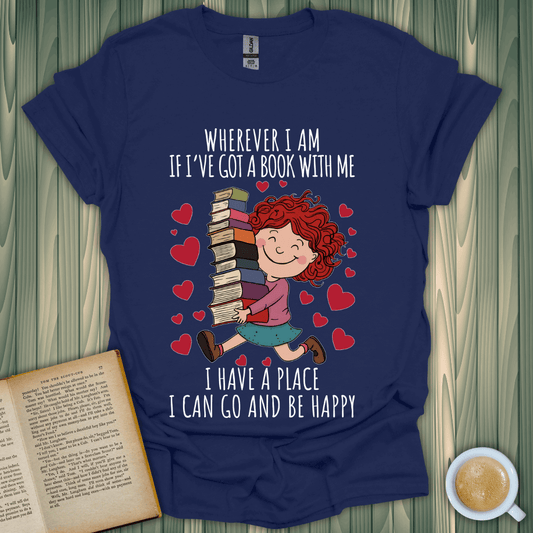 Book lover t-shirt featuring a whimsical design with a girl holding books, ideal for reading enthusiasts.