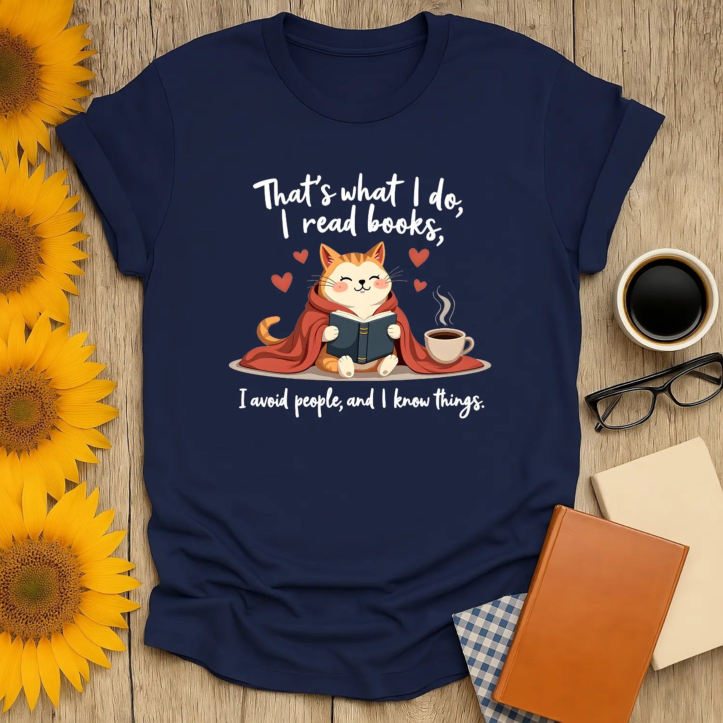 Cozy cat reading a book with coffee and hearts, perfect for book lovers and introverts, humorous gift idea.