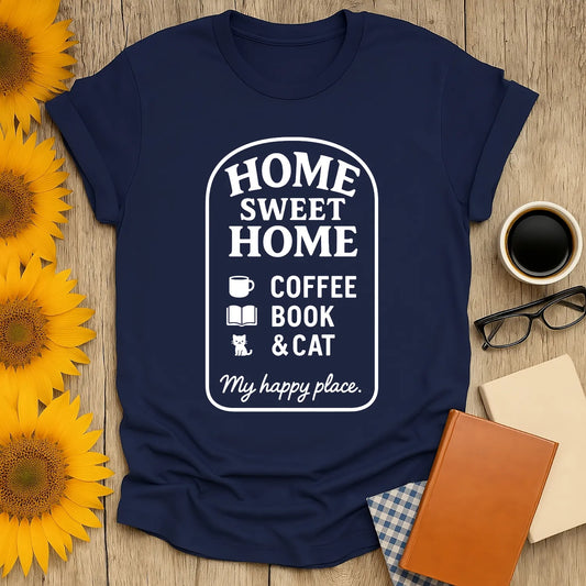 Homebody Bliss T-Shirt featuring 'Home Sweet Home' with coffee, book, and cat illustrations, perfect for cozy reading lovers.