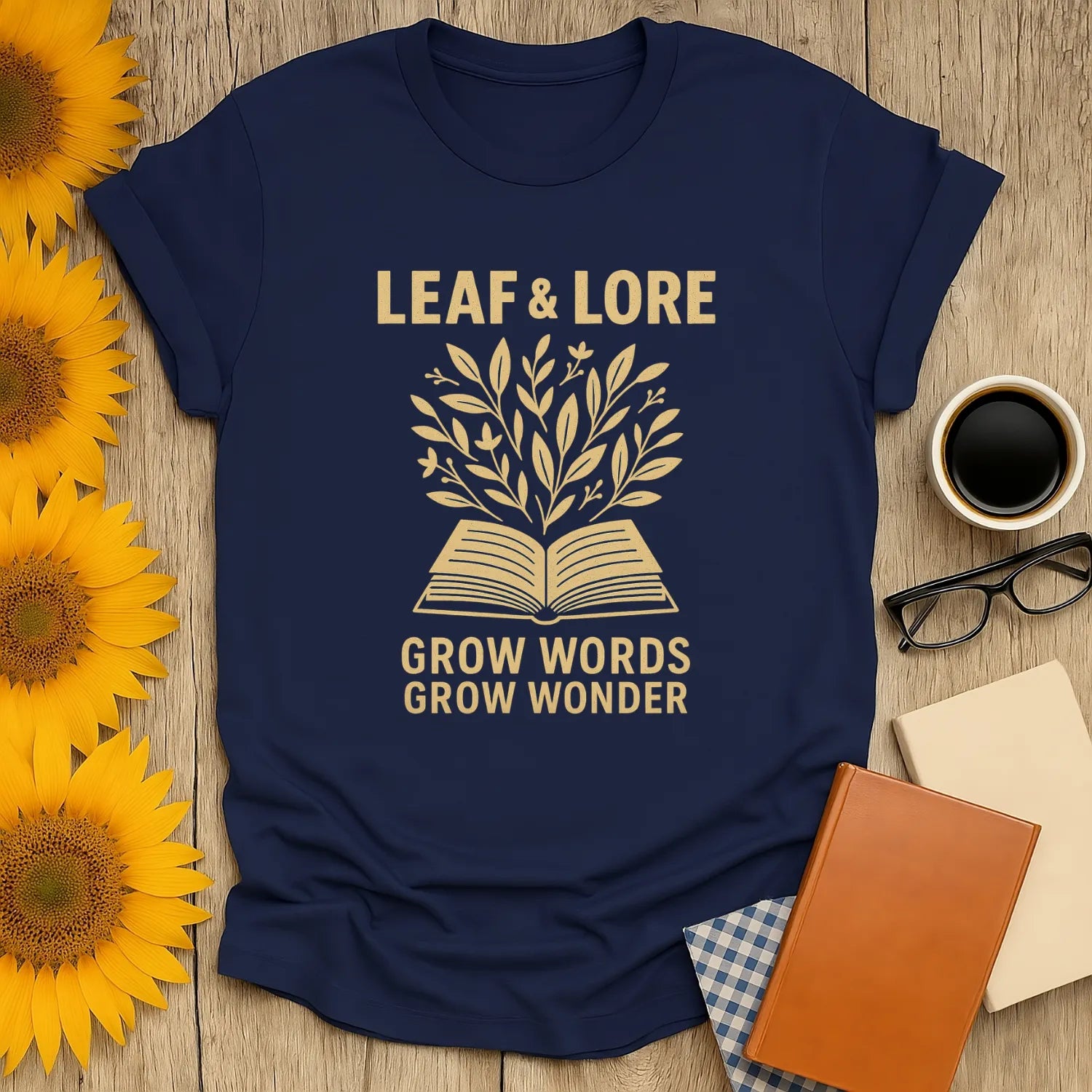 Cozy Leaf & Lore tee with book and leaves design, perfect gift for book lovers, cats, coffee, or tea enthusiasts.