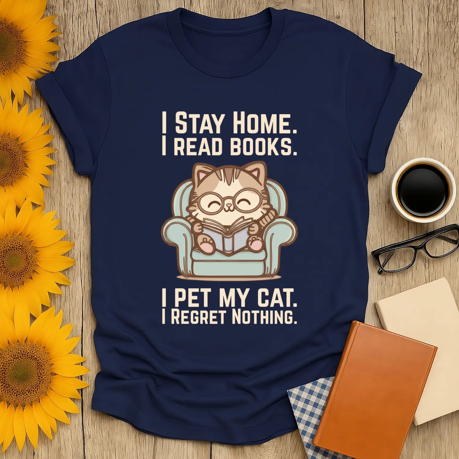 Comfy Cat Reader T-Shirt featuring a cute cat in glasses, reading on a chair, with text about reading and pets, perfect gift for book lovers.