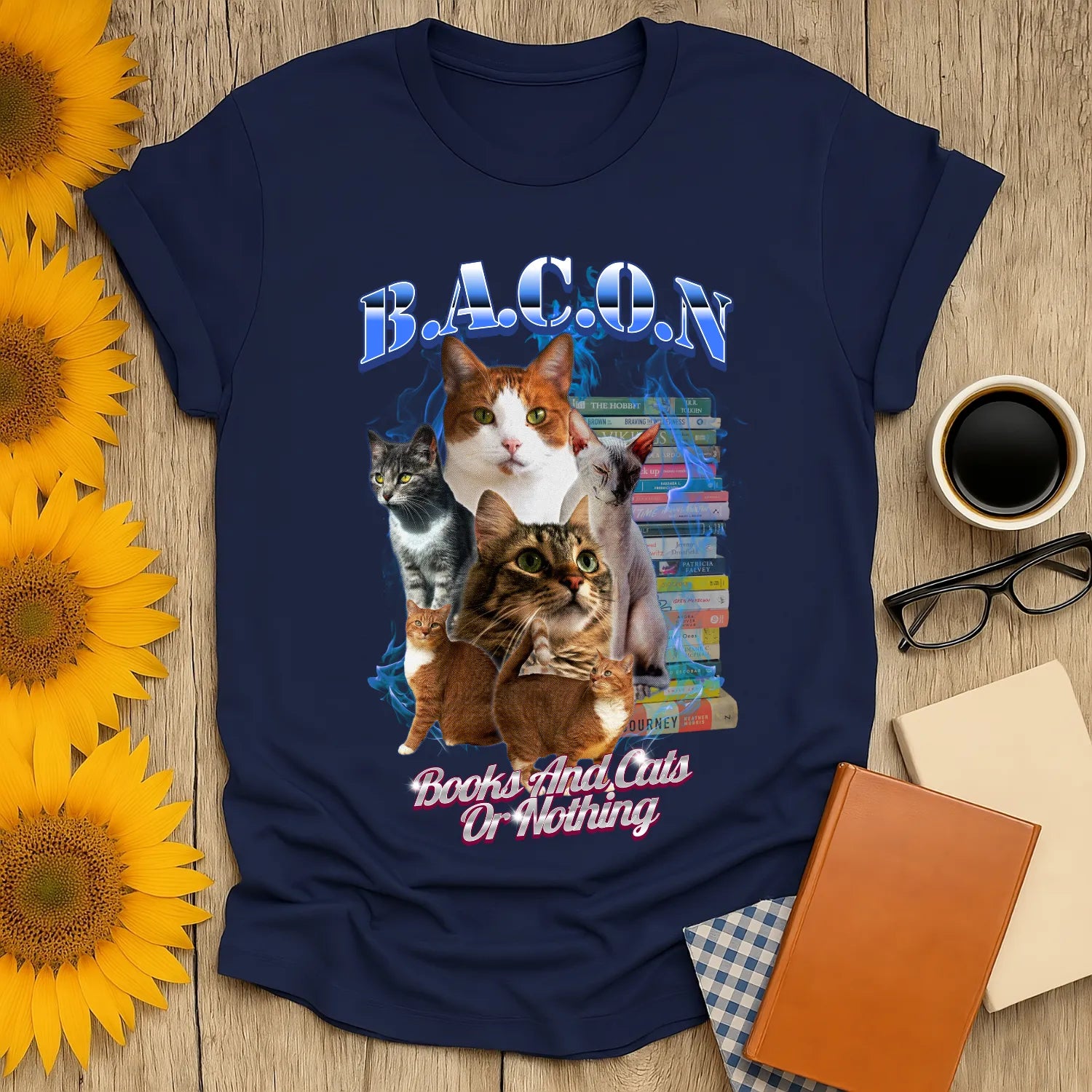 Books & Cats Or Nothing T-Shirt featuring playful collage of cats and books; perfect gift for book lovers and cat enthusiasts.