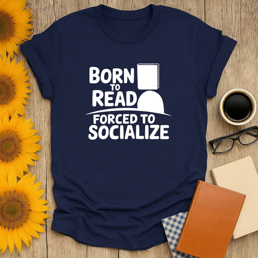 Born to Read t-shirt for book lovers, navy blue with playful text design, 100% cotton, perfect for casual wear.