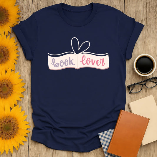 Stylish navy book lover t-shirt made from soft, breathable cotton, featuring a unique design, perfect for fellow book enthusiasts.