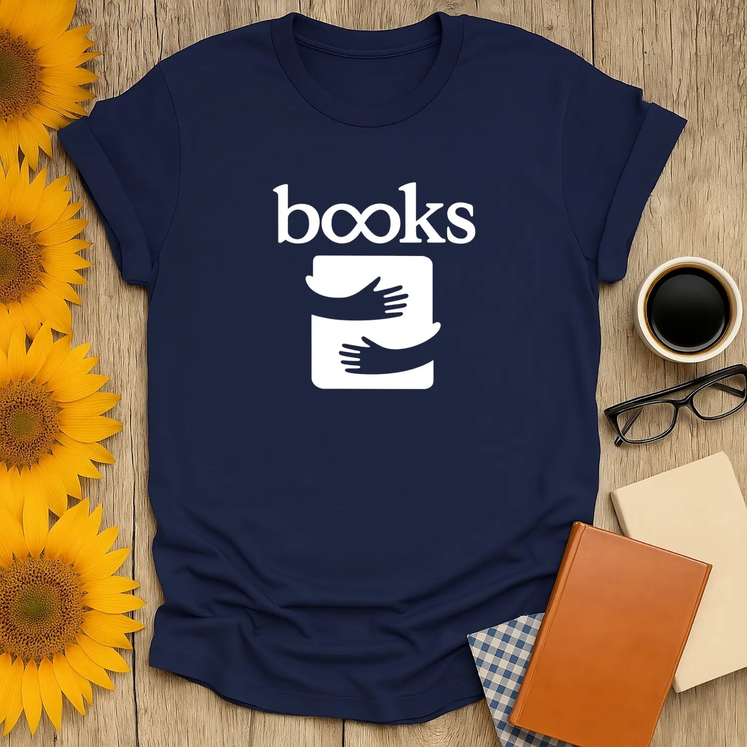 Navy shirt with 'books' and a cozy illustration of embracing hands, perfect for book lovers and gifts for readers.