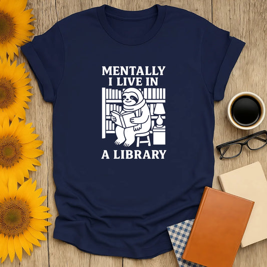 Funny bookworm t-shirt featuring a sloth reading among books, with the text 'Mentally I Live In A Library'—perfect for cozy readers.