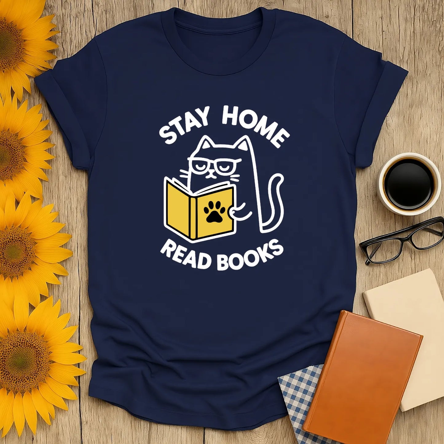 Funny cat reading shirt with text 'Stay Home Read Books', perfect for cozy book lovers and gifts for readers.