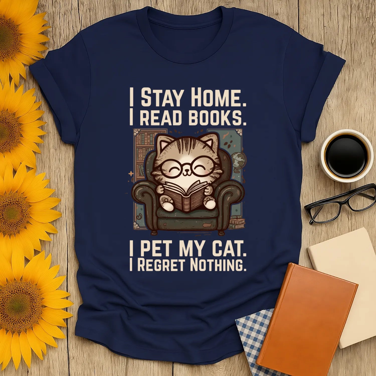 Library Cat Reader T-Shirt featuring a cozy cat in glasses reading, perfect for book lovers and cat enthusiasts.