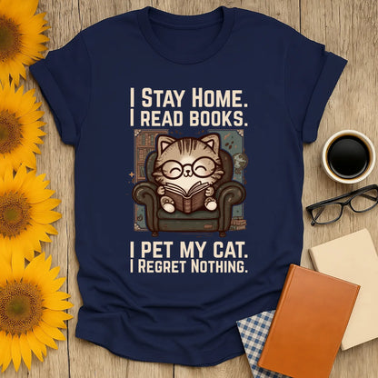 Library Cat Reader T-Shirt featuring a cozy cat in glasses reading, perfect for book lovers and cat enthusiasts.
