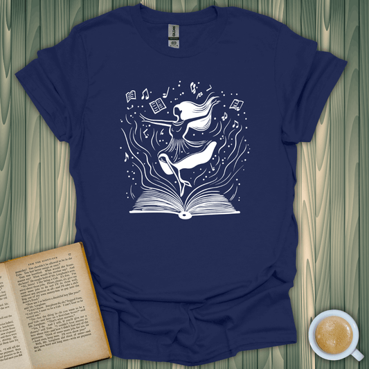 Dance Through Pages T-Shirt featuring a whimsical design for book lovers, crafted from soft ring-spun cotton.