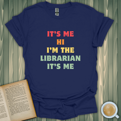 Navy librarian t-shirt with colorful text, perfect for book lovers. Made from 100% cotton for comfort and style.