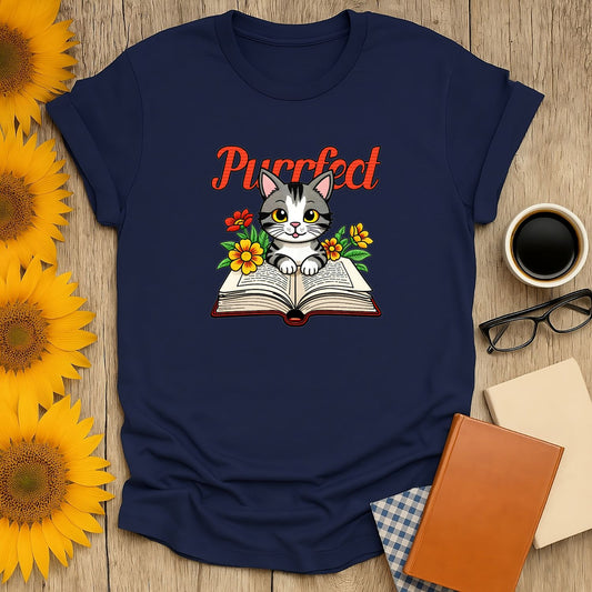 Purrfect Page T-Shirt featuring a cute cat on an open book, perfect for book lovers, 100% cotton, unisex fit.