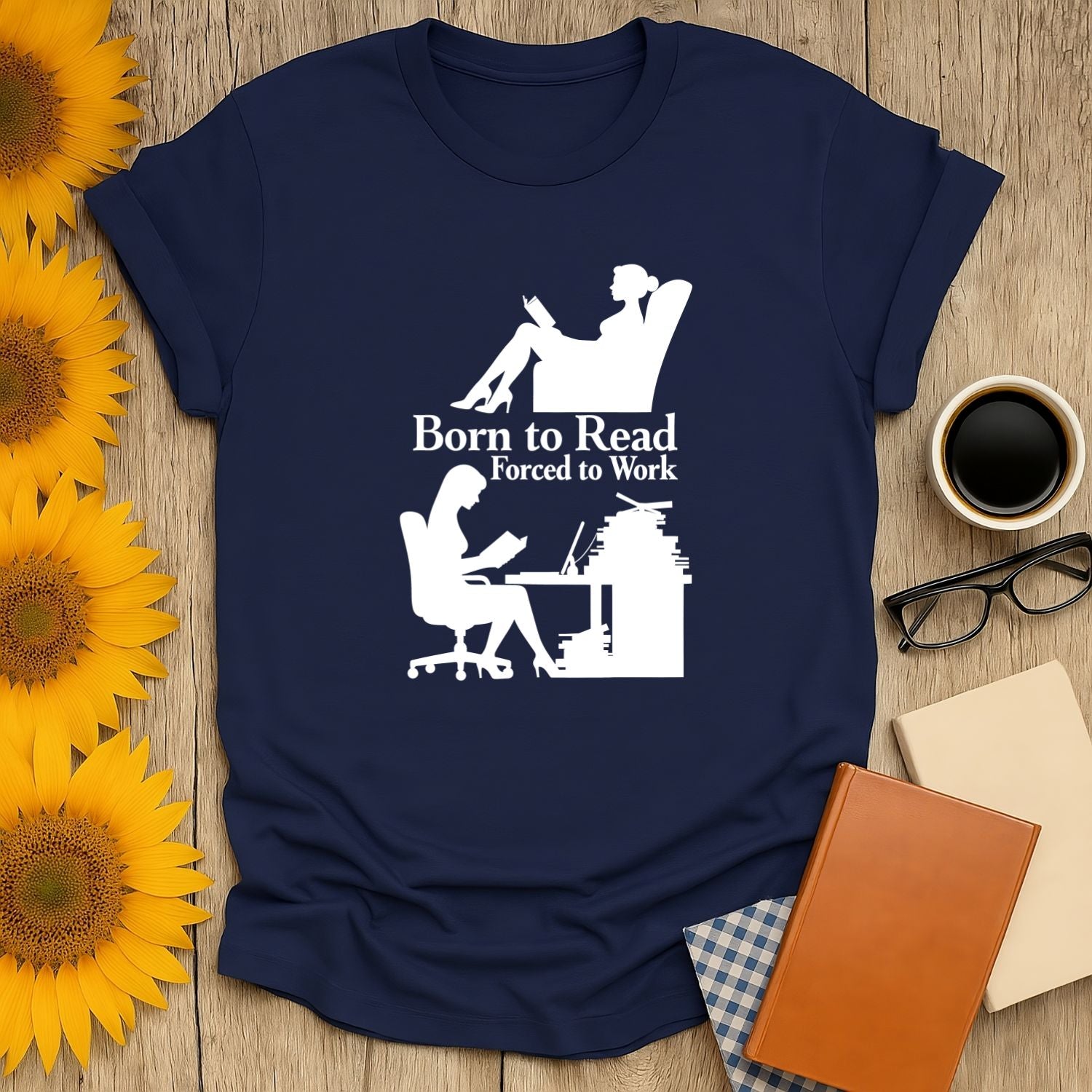Navy blue t-shirt for book lovers with 'Born to Read, Forced to Work' design, perfect for casual wear.