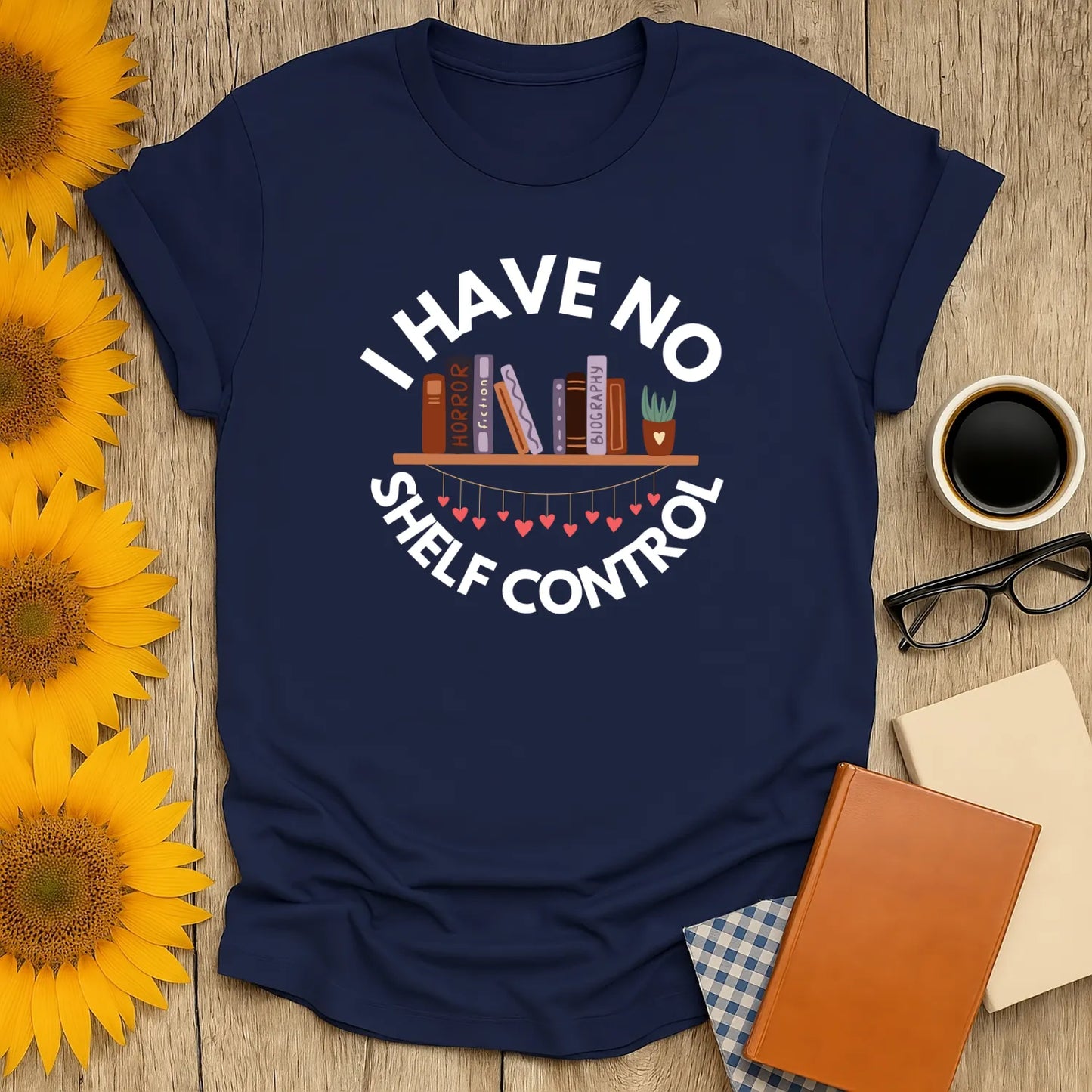 No Shelf Control T-Shirt in relaxed fit, featuring a cute bookshelf design. Ideal cozy outfit for book lovers 📖 and readers.