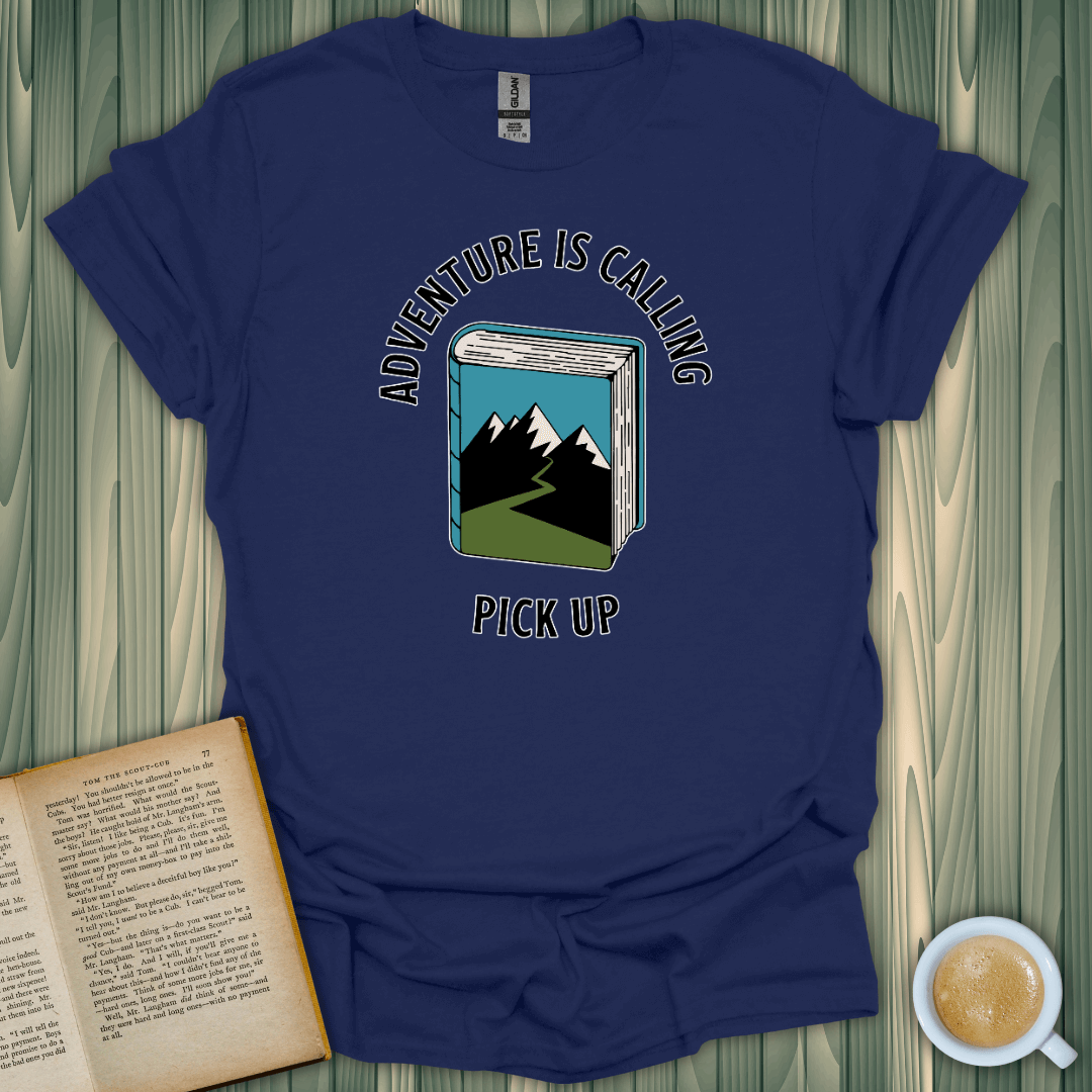 Adventure is Calling T-Shirt for book lovers, featuring a graphic of a book and mountains on soft, breathable fabric.